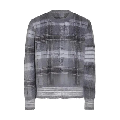 Thom Browne Grey Plaid Crewneck Loose-Fit Sweater. MKA487F-Y8004-035
