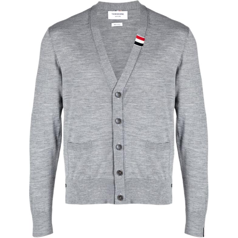 THOM BROWNE  Grey V-Neck Solid Button-Up Knit Cardigan Sweater. MKC489A-Y1014-055
