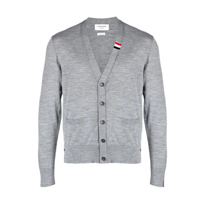 THOM BROWNE Grey V-Neck Solid Button-Up Knit Cardigan Sweater. MKC489A-Y1014-055