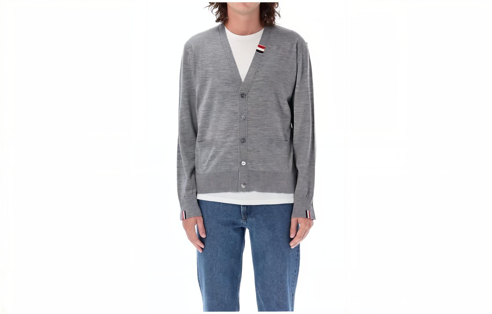 Order THOM BROWNE Kardigan Rajut Abu V-Neck Tombol Depan. MKC489A-Y1014-055