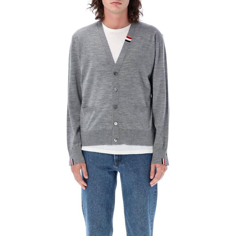Shop THOM BROWNE Kardigan Rajut Abu V-Neck Tombol Depan. MKC489A-Y1014-055