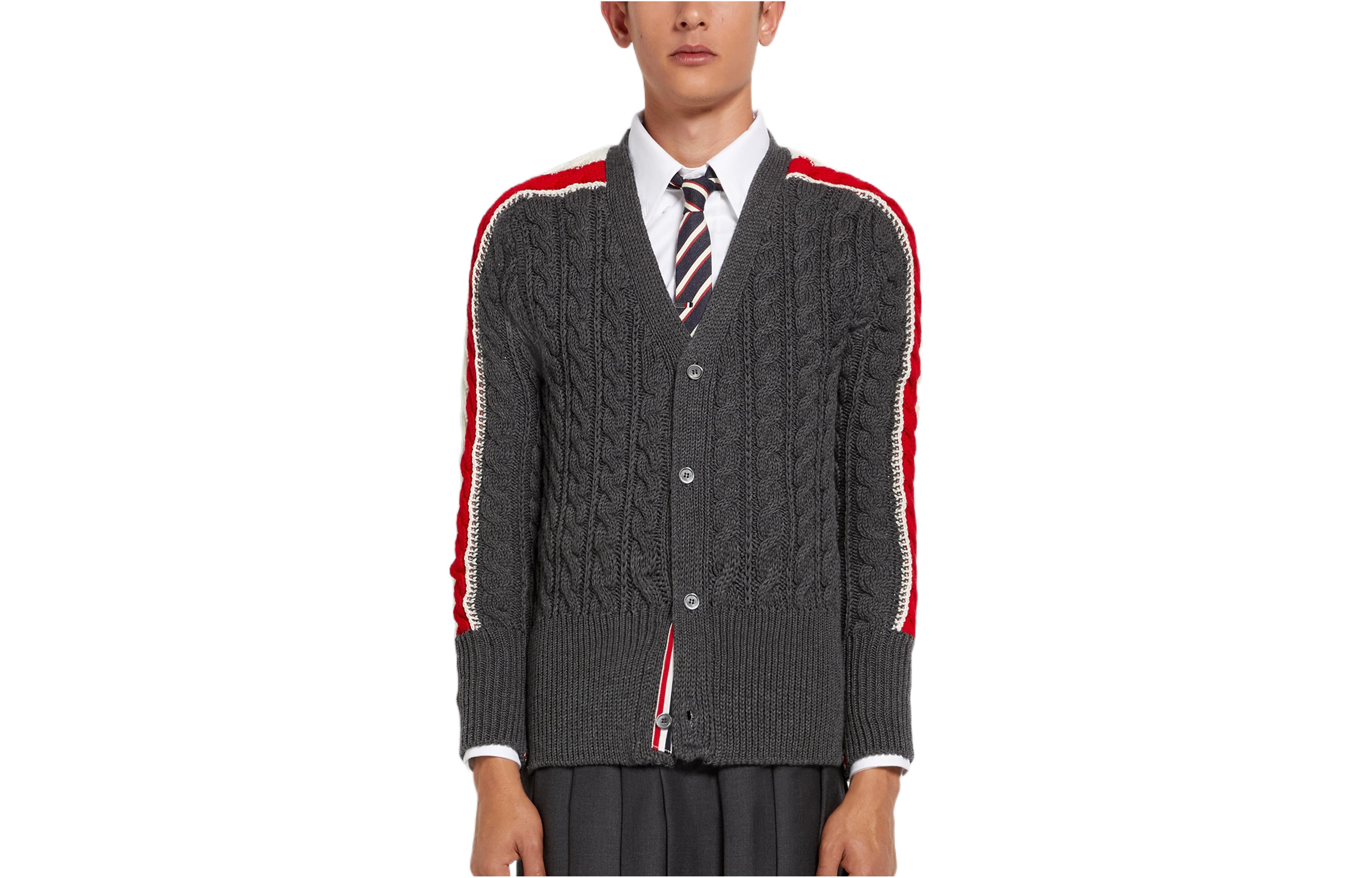 Order THOM BROWNE 灰色V領條紋羊毛開襟針織衫毛衣 MKC383A-Y1024-035