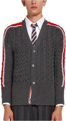 THOM BROWNE 灰色V領條紋羊毛開襟針織衫毛衣 MKC383A-Y1024-035 Order THOM BROWNE 灰色V領條紋羊毛開襟針織衫毛衣 MKC383A-Y1024-035