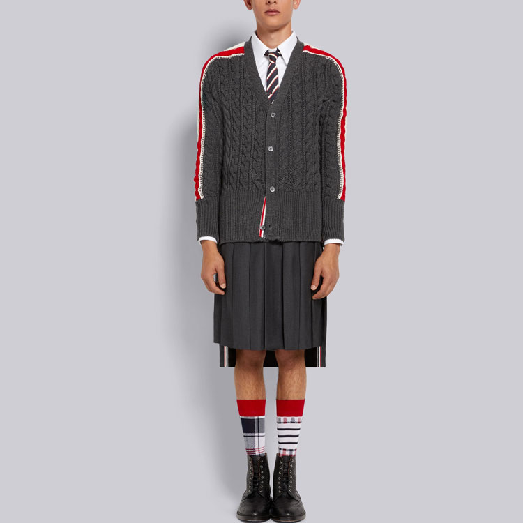 Shop THOM BROWNE 灰色V領條紋羊毛開襟針織衫毛衣 MKC383A-Y1024-035
