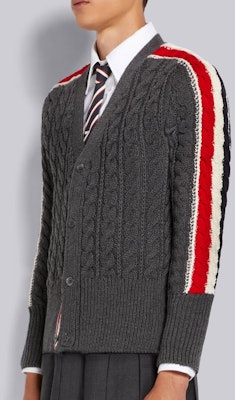 THOM BROWNE 灰色V領條紋羊毛開襟針織衫毛衣 MKC383A-Y1024-035 Purchase THOM BROWNE 灰色V領條紋羊毛開襟針織衫毛衣 MKC383A-Y1024-035