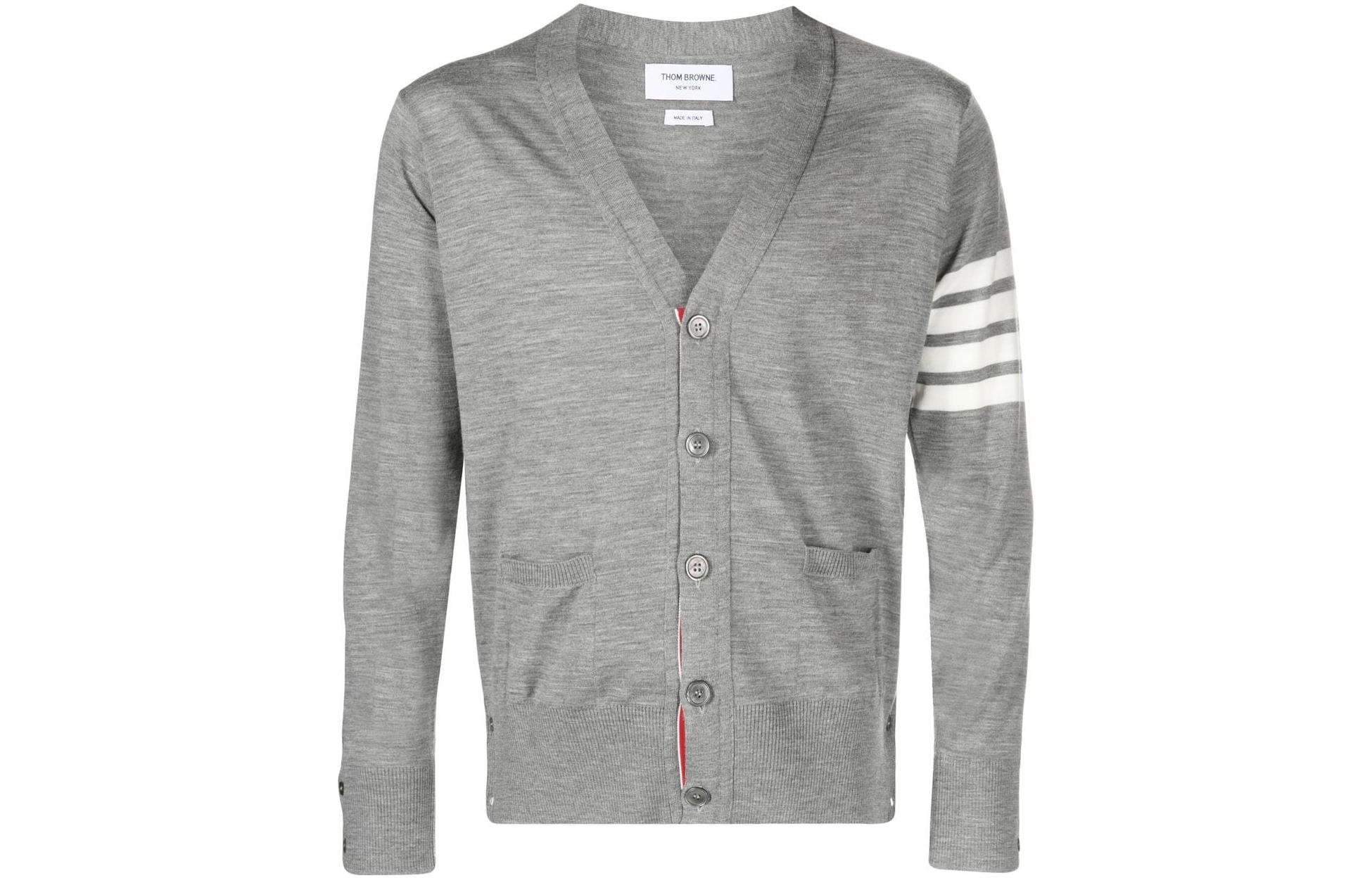 Thom Browne  Grey Wool Cardigan Sweater with 4-Bar Stripe Design. MKC002AY1014-058