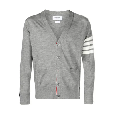 Thom Browne Grey Wool Cardigan Sweater with 4-Bar Stripe Design. MKC002AY1014-058