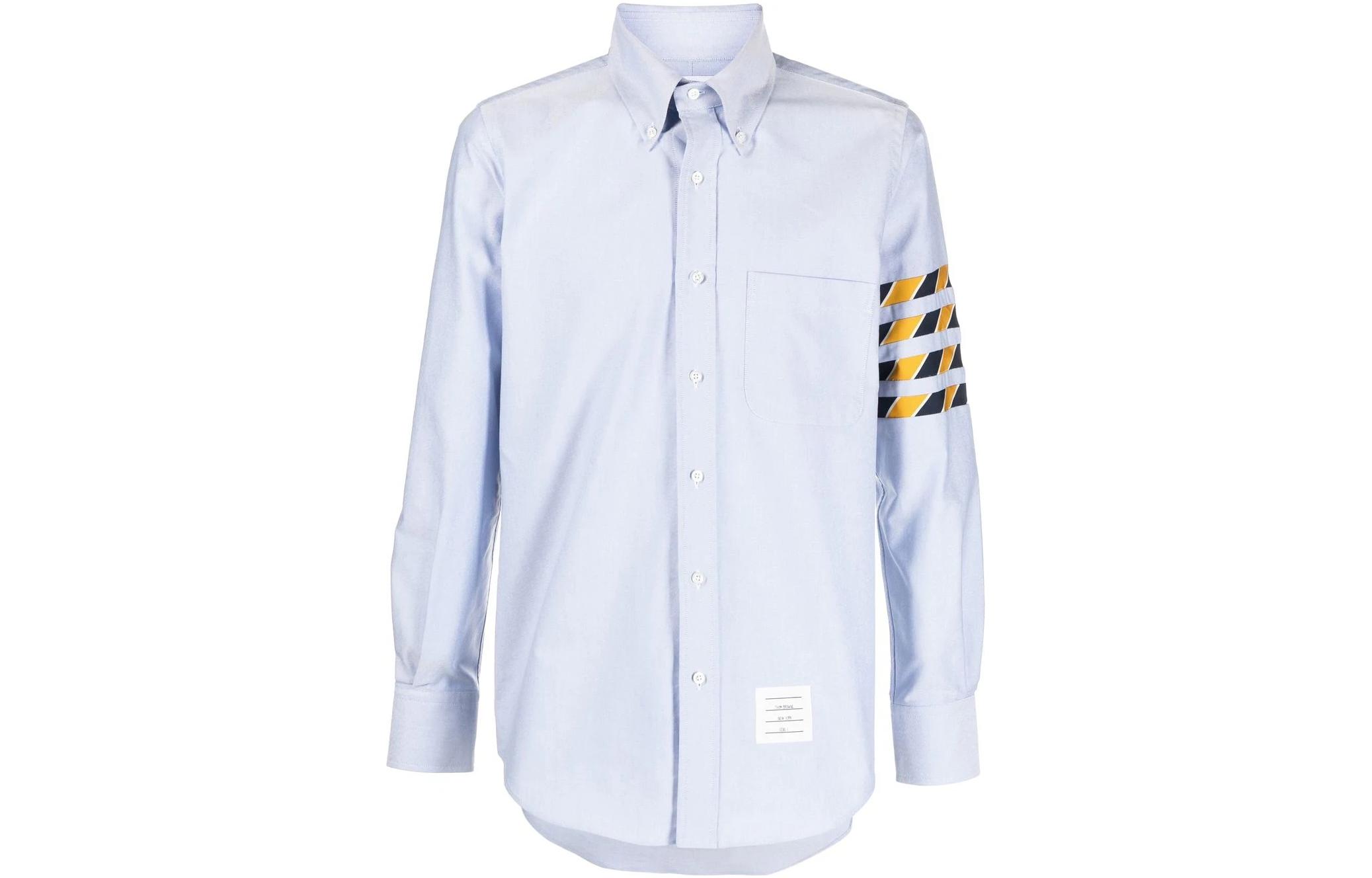 THOM BROWNE  Light Blue Shirt with Four-Bar Stripes and Button Closure MWL374C-F0114-480