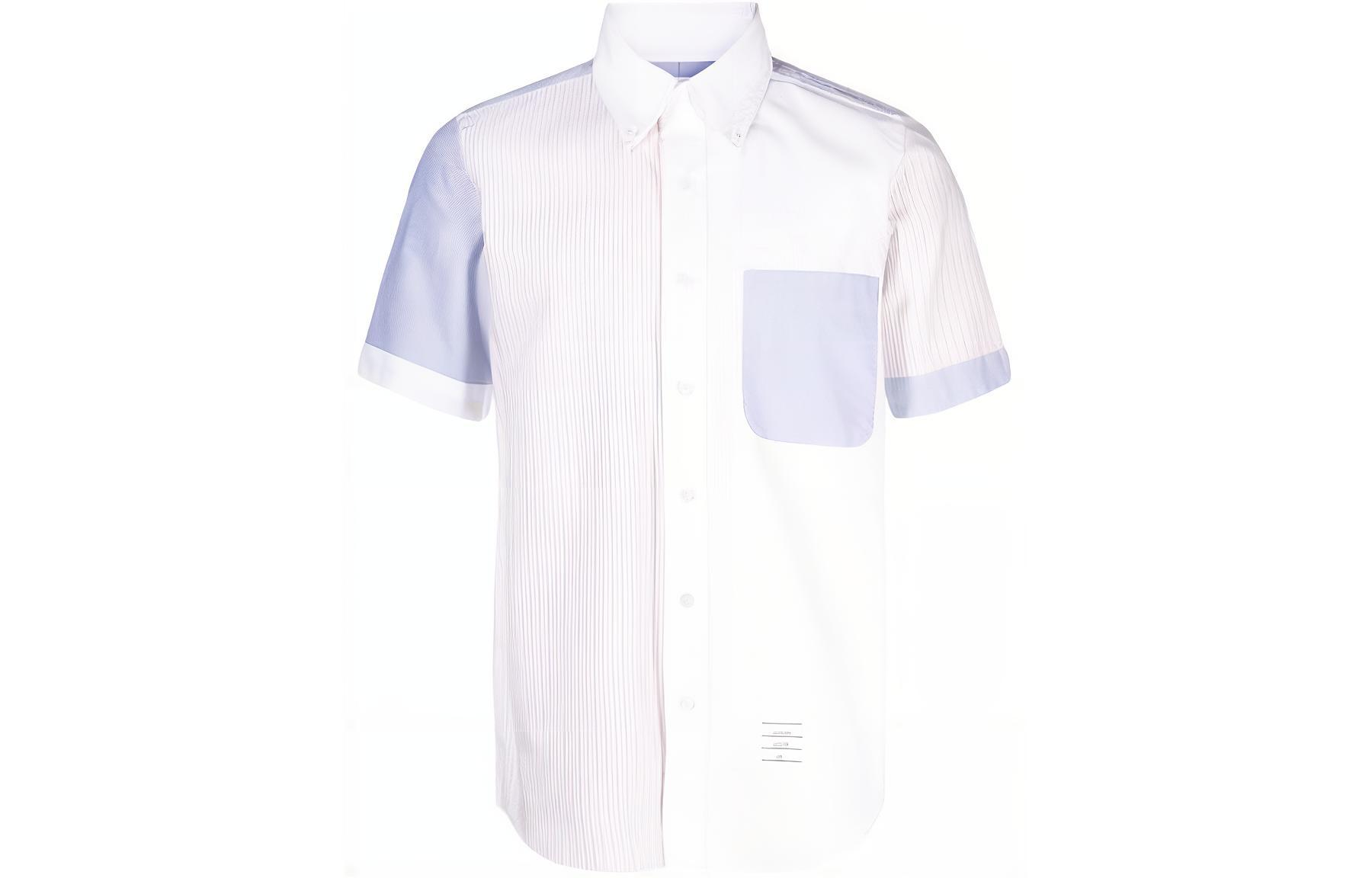Thom Browne  Light Blue Stripe Patch Short Sleeve Shirt with Pocket. MWS239F-F0510-825