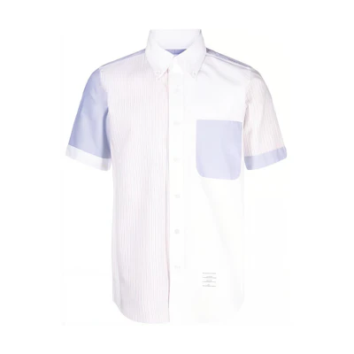 Thom Browne Light Blue Stripe Patch Short Sleeve Shirt with Pocket. MWS239F-F0510-825