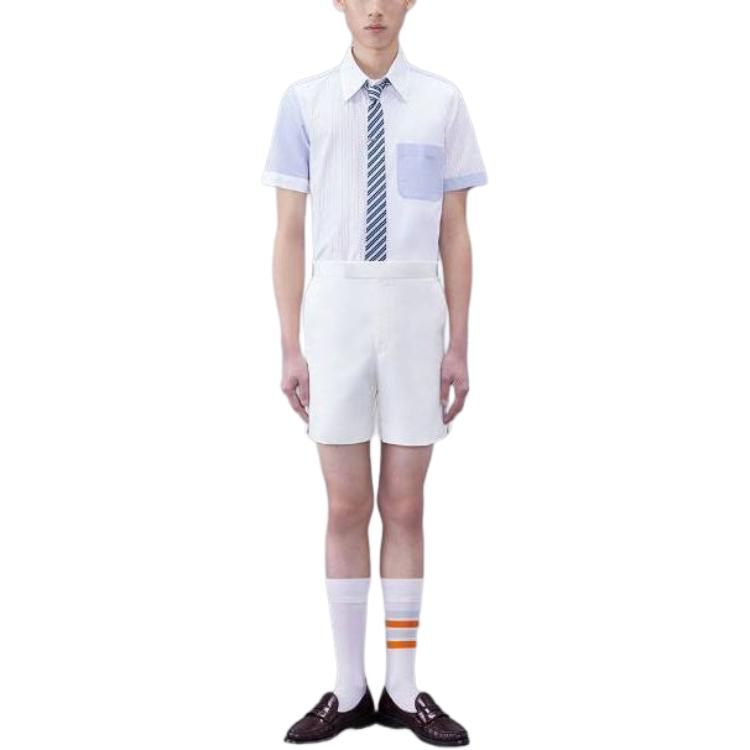 Lookbook 톰 브라운 라이트 블루 스트라이프 패치 포켓 반팔 셔츠. MWS239F-F0510-825