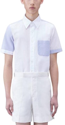 Thom Browne Kemeja Lengan Pendek Biru Muda Stripe Patch dengan Saku. MWS239F-F0510-825 Shop Thom Browne Kemeja Lengan Pendek Biru Muda Stripe Patch dengan Saku. MWS239F-F0510-825