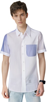 Thom Browne Kemeja Lengan Pendek Biru Muda Stripe Patch dengan Saku. MWS239F-F0510-825 Details for Thom Browne Kemeja Lengan Pendek Biru Muda Stripe Patch dengan Saku. MWS239F-F0510-825