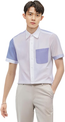 Thom Browne Kemeja Lengan Pendek Biru Muda Stripe Patch dengan Saku. MWS239F-F0510-825 Sizing Thom Browne Kemeja Lengan Pendek Biru Muda Stripe Patch dengan Saku. MWS239F-F0510-825