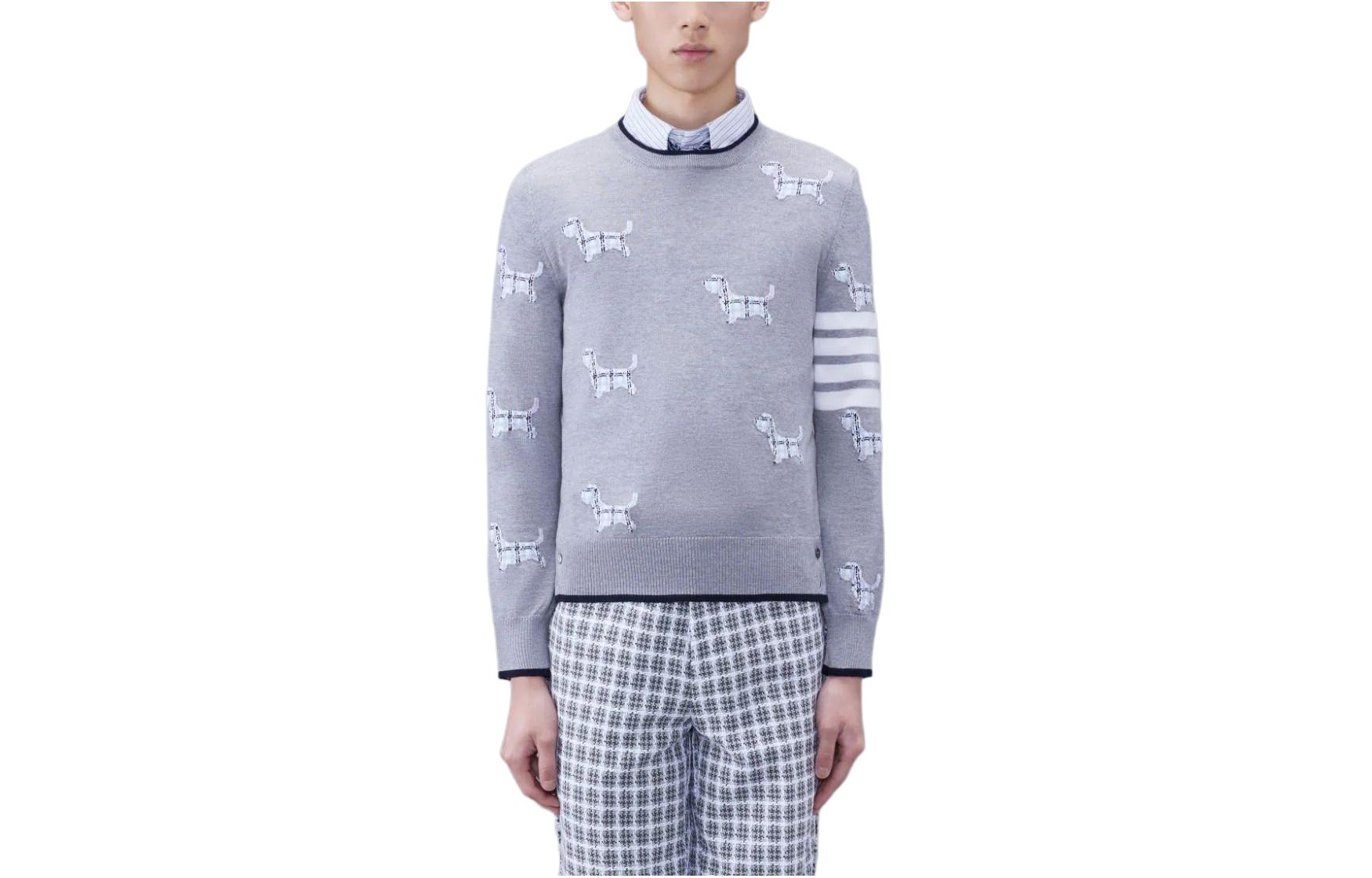 THOM BROWNE  Light Grey Wool 4-Bar Hector Pullover Crewneck Sweater. MKA490A-Y1002-055