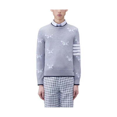 THOM BROWNE Light Grey Wool 4-Bar Hector Pullover Crewneck Sweater. MKA490A-Y1002-055