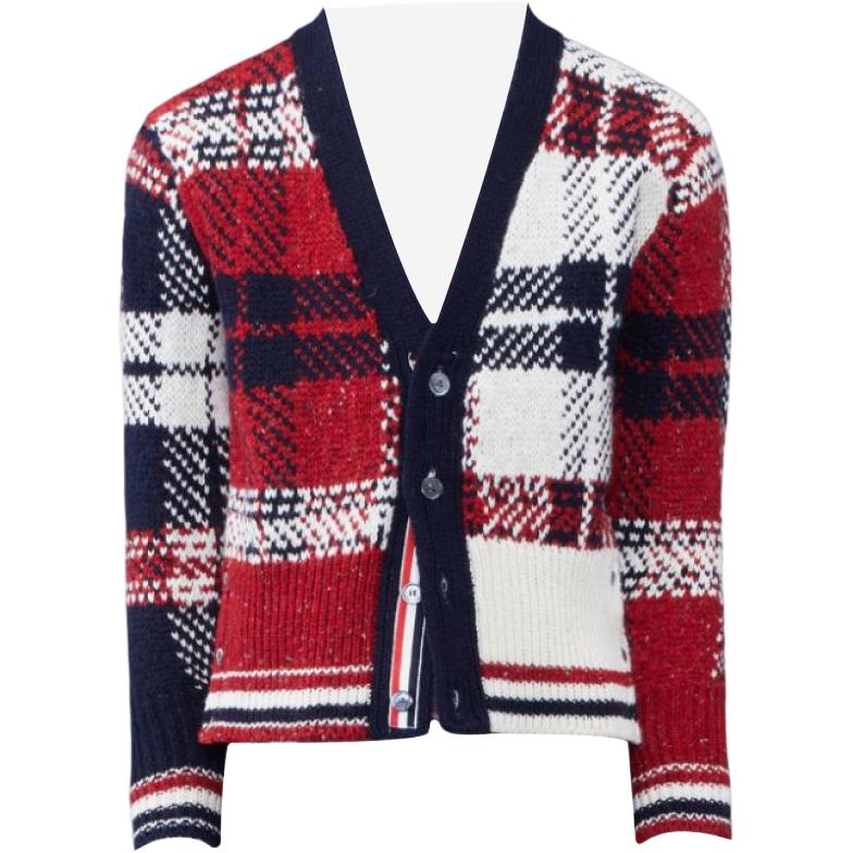 Buy Thom Browne  Loose Fit V-Neck Plaid Knit Sweater Red MKC431F-Y1506-960