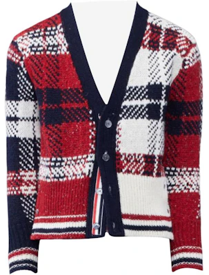 Thom Browne Loose Fit V-Neck Plaid Knit Sweater Red MKC431F-Y1506-960 Buy Thom Browne Loose Fit V-Neck Plaid Knit Sweater Red MKC431F-Y1506-960