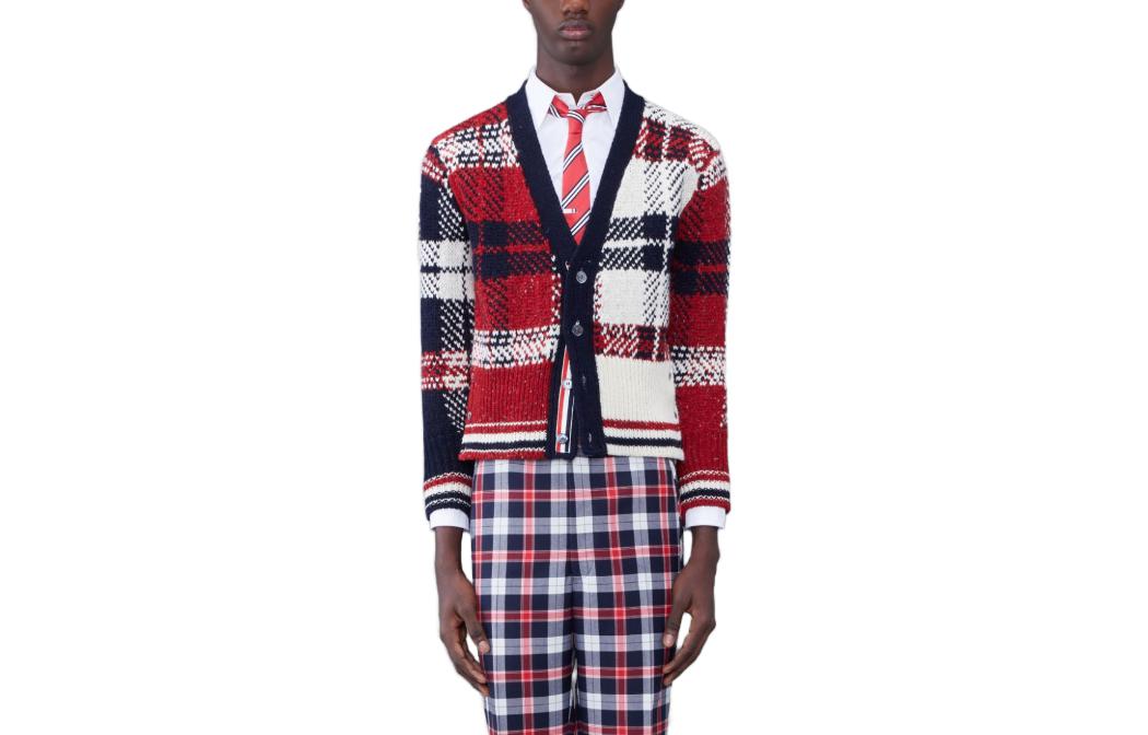 Order Thom Browne  Loose Fit V-Neck Plaid Knit Sweater Red MKC431F-Y1506-960