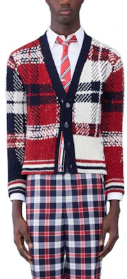 Thom Browne Loose Fit V-Neck Plaid Knit Sweater Red MKC431F-Y1506-960 Order Thom Browne Loose Fit V-Neck Plaid Knit Sweater Red MKC431F-Y1506-960