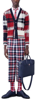 Thom Browne Loose Fit V-Neck Plaid Knit Sweater Red MKC431F-Y1506-960 Lookbook Thom Browne Loose Fit V-Neck Plaid Knit Sweater Red MKC431F-Y1506-960
