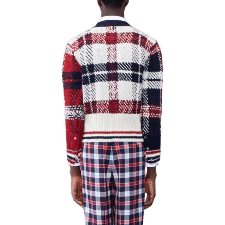 Shop Thom Browne  Loose Fit V-Neck Plaid Knit Sweater Red MKC431F-Y1506-960