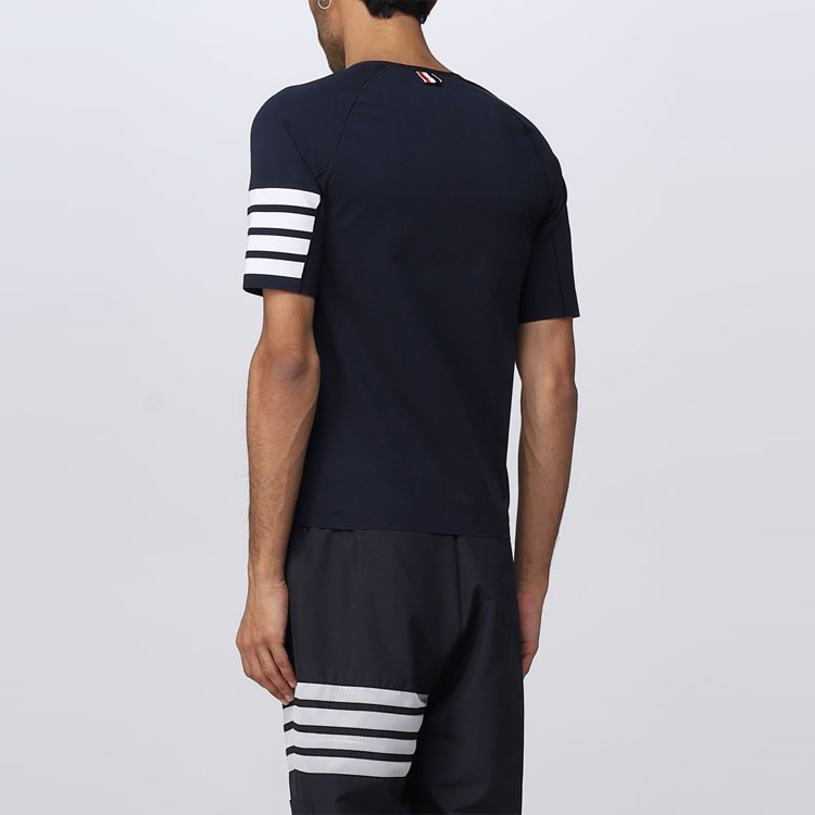 Shop トムブラウン ネイビー 4バー ワッフル半袖Tシャツ サマーエディション MJA008Y-06770-461