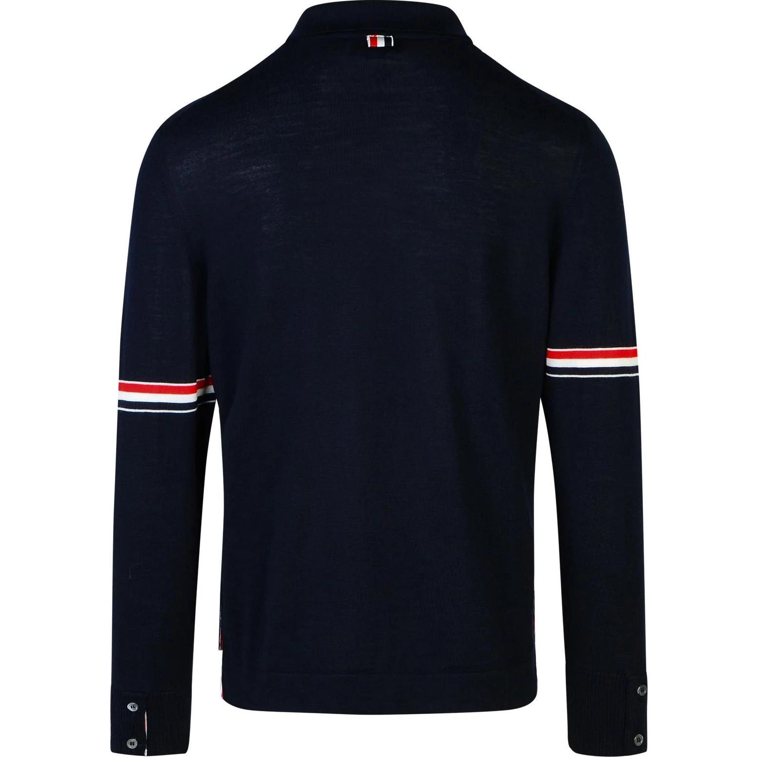 Lookbook 톰 브라운 네이비 블루 니트 가디건 트리컬러 스트라이프 디테일. MKL005A-Y1002-415