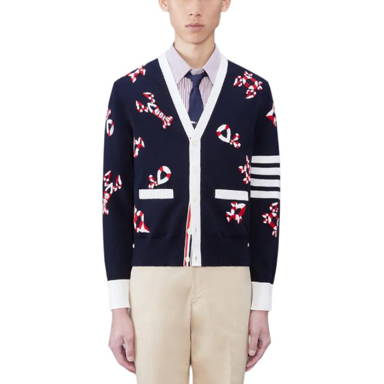 Thom Browne  Navy Blue Printed V-Neck Slim Fit Knit Cardigan. MKC531A-Y3007-415