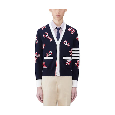 Thom Browne Navy Blue Printed V-Neck Slim Fit Knit Cardigan. MKC531A-Y3007-415