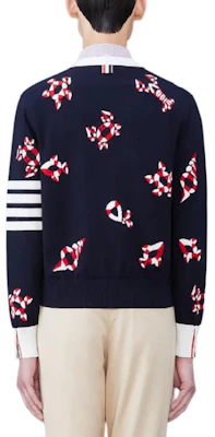 Thom Browne Navy Blue Printed V-Neck Slim Fit Knit Cardigan. MKC531A-Y3007-415 Lookbook Thom Browne Navy Blue Printed V-Neck Slim Fit Knit Cardigan. MKC531A-Y3007-415