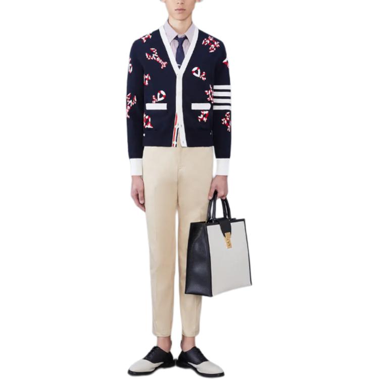 Thom Browne  Navy Blue Printed V-Neck Slim Fit Knit Cardigan. MKC531A-Y3007-415 圖 4