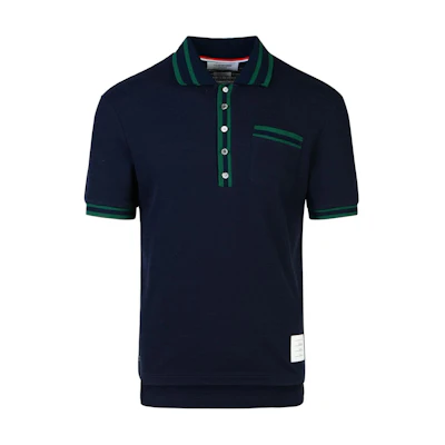 THOM BROWNE Navy Blue Striped Loose Fit Short-Sleeve Polo Shirt. MJP201A-J0153-415