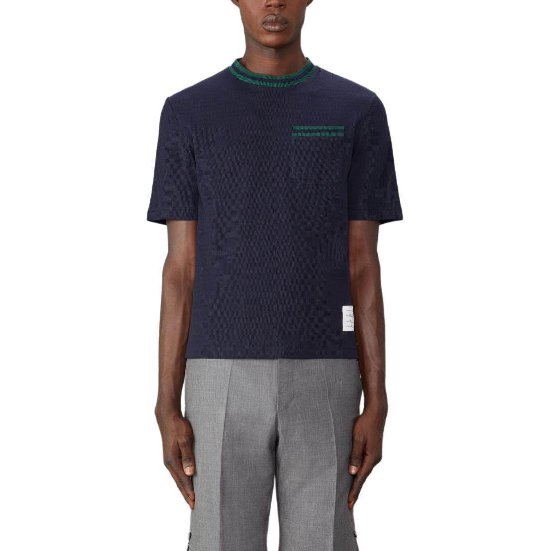 Thom Browne  Navy Blue Striped Mesh Cotton Crewneck T-Shirt. MJS259A-J0153-415