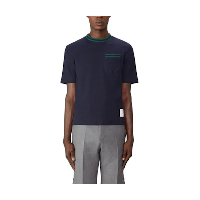 Thom Browne Navy Blue Striped Mesh Cotton Crewneck T-Shirt. MJS259A-J0153-415