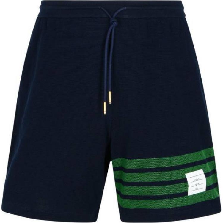 THOM BROWNE  Navy Blue Striped Tie Three-Quarter Casual Shorts. MJQ203A-J0155-415