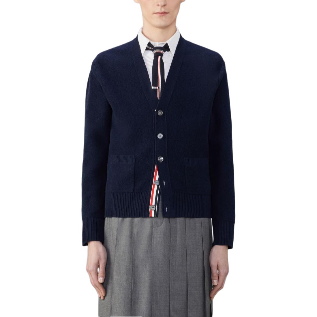 THOM BROWNE  Navy Blue V-Neck Striped Button-Up Casual Sweater. MKC556A-Y1029-415