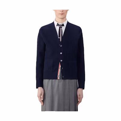 THOM BROWNE Navy Blue V-Neck Striped Button-Up Casual Sweater. MKC556A-Y1029-415