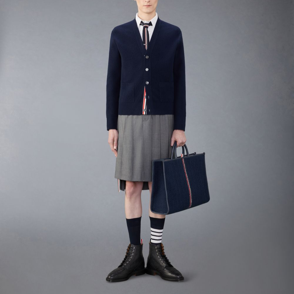 THOM BROWNE  Navy Blue V-Neck Striped Button-Up Casual Sweater. MKC556A-Y1029-415 圖 3