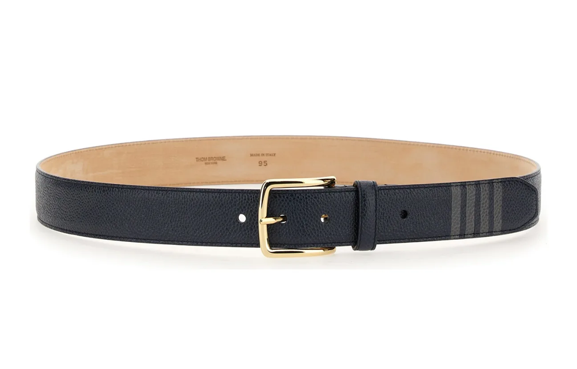 THOM BROWNE  Navy Pebbled Leather Belt with Four Stripes 3.5cm Wide. MCX049B00198415