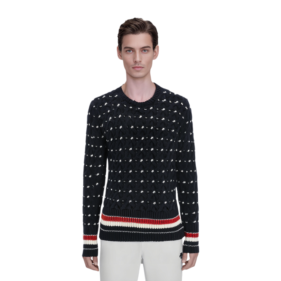 Shop トムブラウン ネイビーストライプ スリムフィット クルーネックセーター. MKA510B-Y1506-415