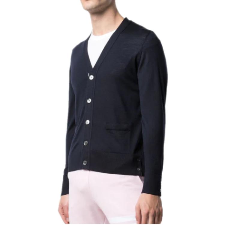 Purchase 톰 브라운 네이비 브이넥 싱글브레스티드 울 가디건 스웨터 MKC262A-00014-415