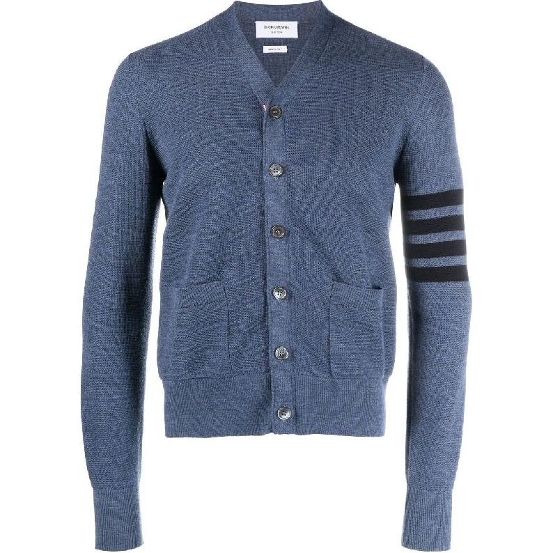 THOM BROWNE  Navy V-Neck Striped Button-Up Knit Cardigan. MKC484A-Y1014-435