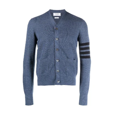 THOM BROWNE Navy V-Neck Striped Button-Up Knit Cardigan. MKC484A-Y1014-435