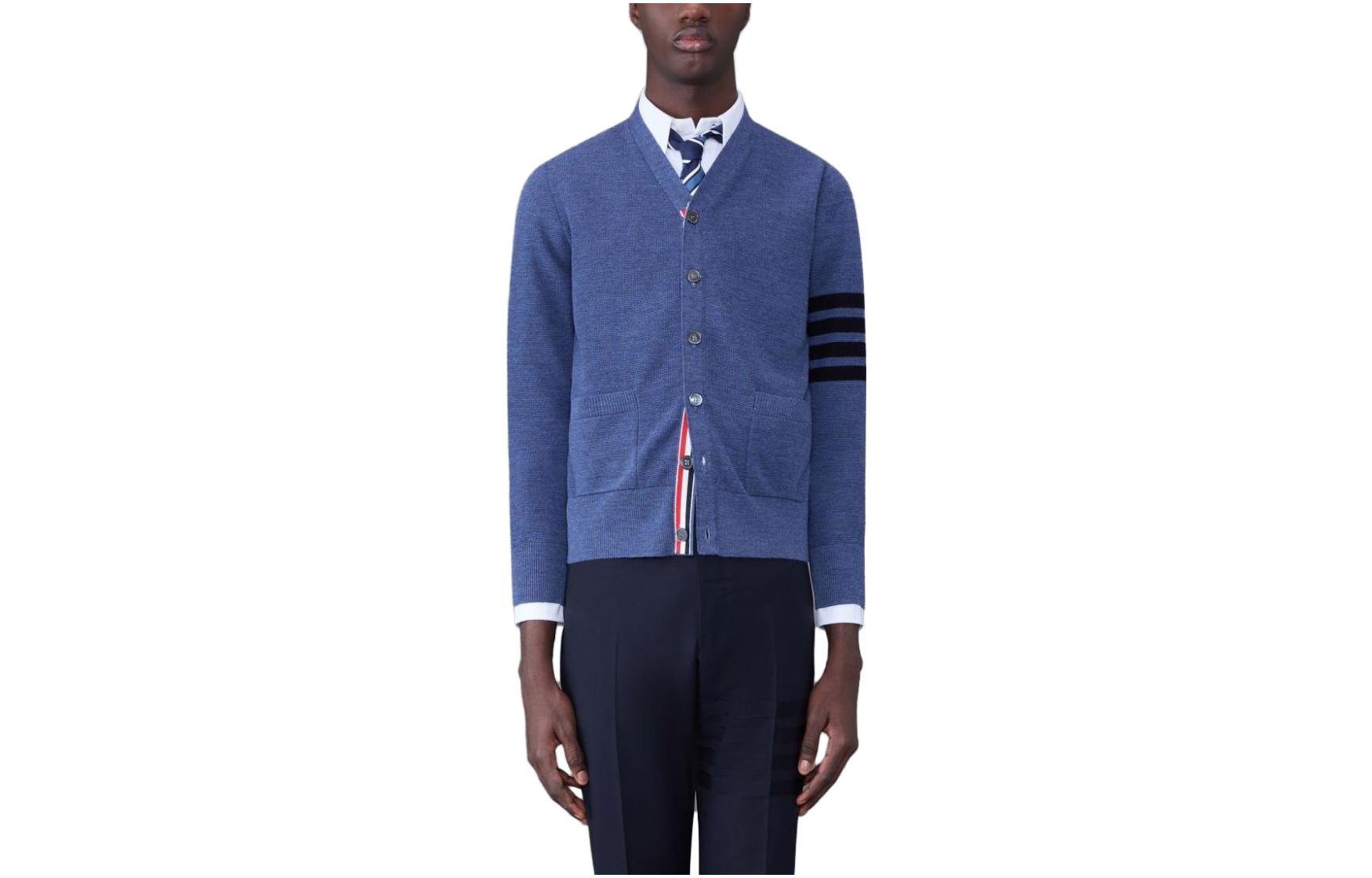 THOM BROWNE  Navy V-Neck Striped Button-Up Knit Cardigan. MKC484A-Y1014-435 圖 2