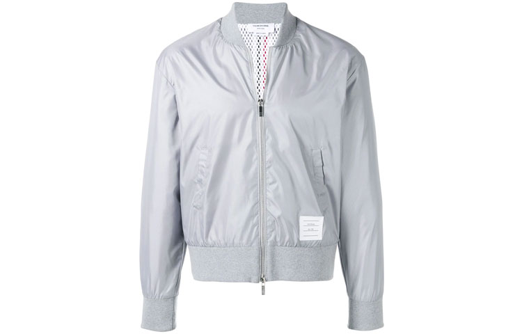Thom Browne  Silver Long Sleeve Bomber Jacket with Stripe Back Detail. MJT171A-03215-055