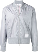 Thom Browne Silver Long Sleeve Bomber Jacket with Stripe Back Detail. MJT171A-03215-055 Thom Browne Silver Long Sleeve Bomber Jacket with Stripe Back Detail. MJT171A-03215-055