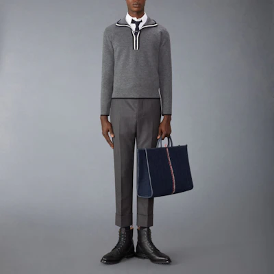 Thom Browne Simplistic Casual Comfort Long Sleeve Sweater in Grey. MKA516A-Y1037-035 Lookbook Thom Browne Simplistic Casual Comfort Long Sleeve Sweater in Grey. MKA516A-Y1037-035