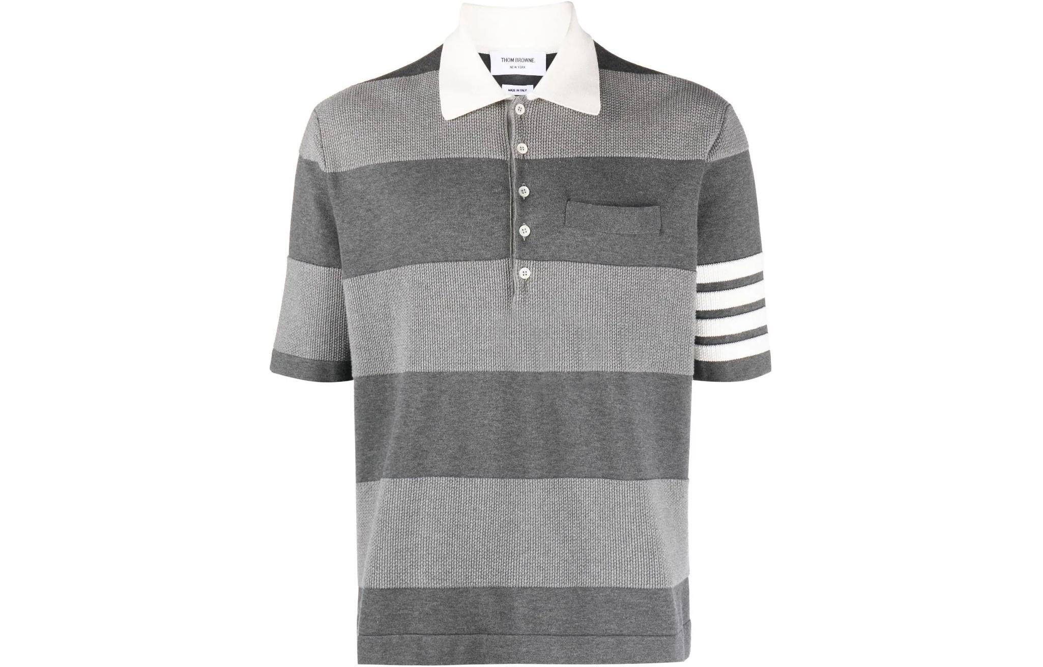 THOM BROWNE  Slim-Fit Striped Colorblock Polo Shirt Grey. MKP118A-Y3007-982
