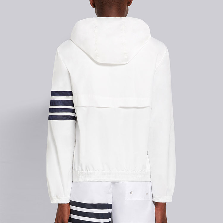 Shop THOM BROWNE  Solid 4-Stripes Mesh Hooded Zip Jacket. MJT309-A07863-111